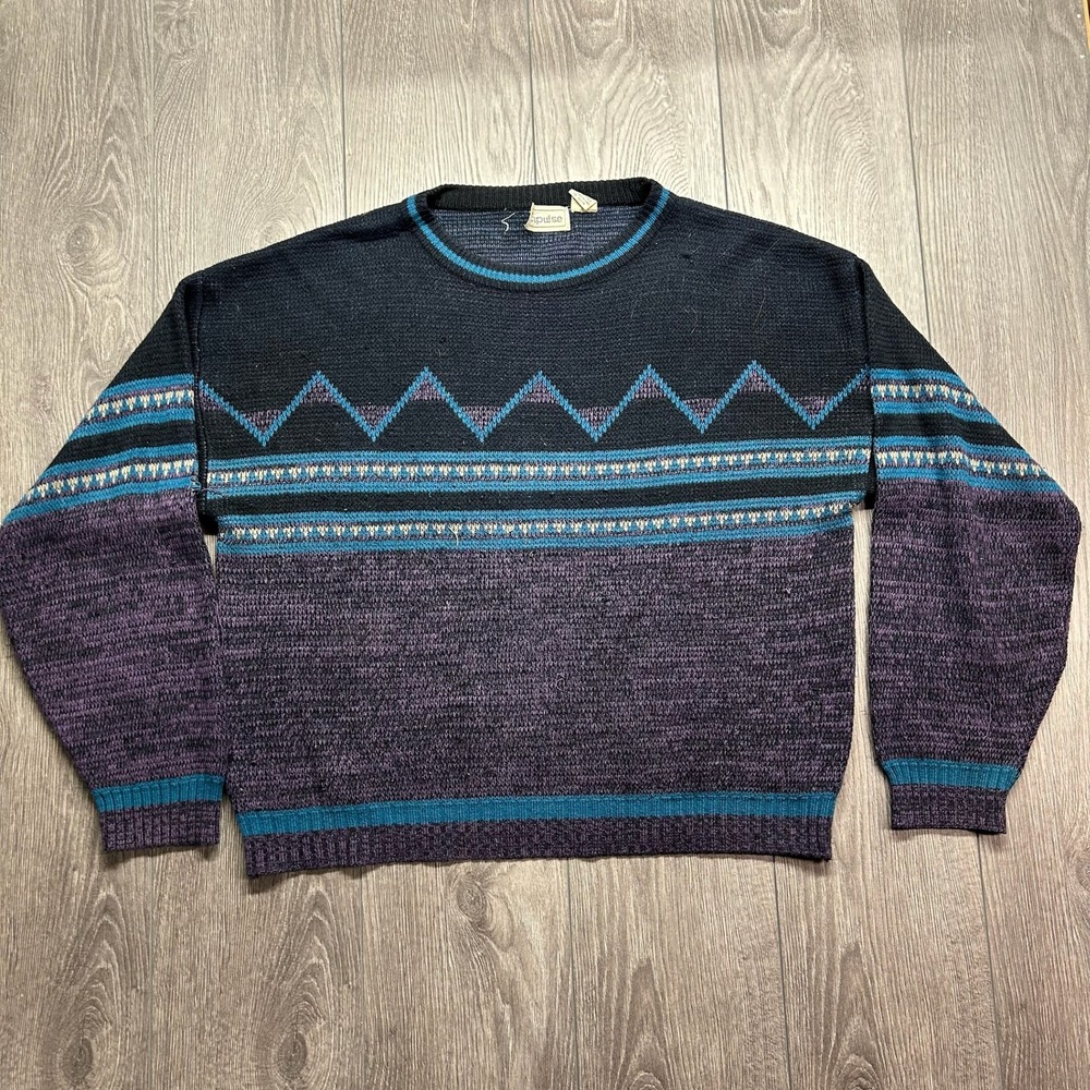 Vintage Impulse Men L Geometric Fair Isle Knit Sweater Purple Teal Black Acrylic